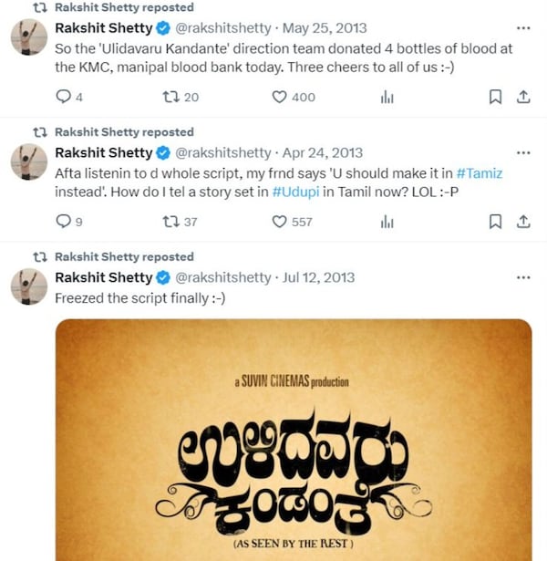 Some of Rakshit Shetty's recent retweets that hint that Richard Anthony script has been frozen