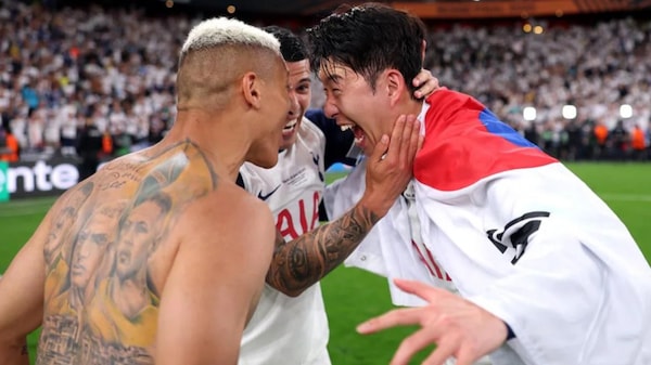 Richarlison, Pedro Porro and Heung-Min Son celebrate UEFA Europa League win. Image - UEFA via Getty Images