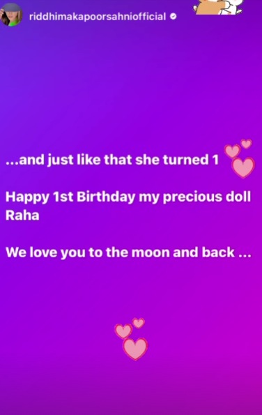 Riddhima Kapoor Sahni's Instagram story.