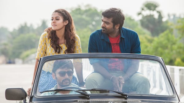 RJ Balaji, Nayanthara, Vijay Sethupathi in Naanum Rowdy Dhaan.