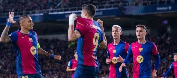 Robert Lewandowski celebrating his 100th Champions League goal. Image | FC Barcelona on X