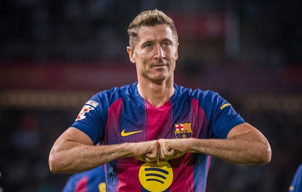 Robert Lewandowski after scoring a goal for FC Barcelona.