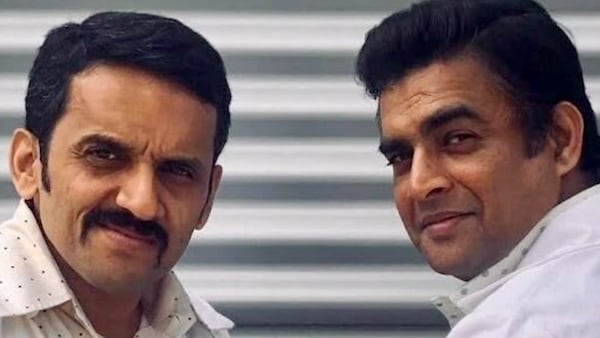 Rajeev Ravindranathan and R Madhavan in a scene from Rocketry: The Nambi Effect