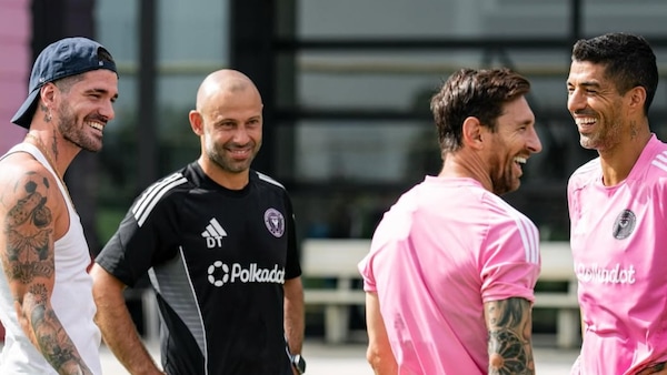 Rodrigo de Paul with Lionel Messi and Luis Suarez. Image | Inter Miami CF
