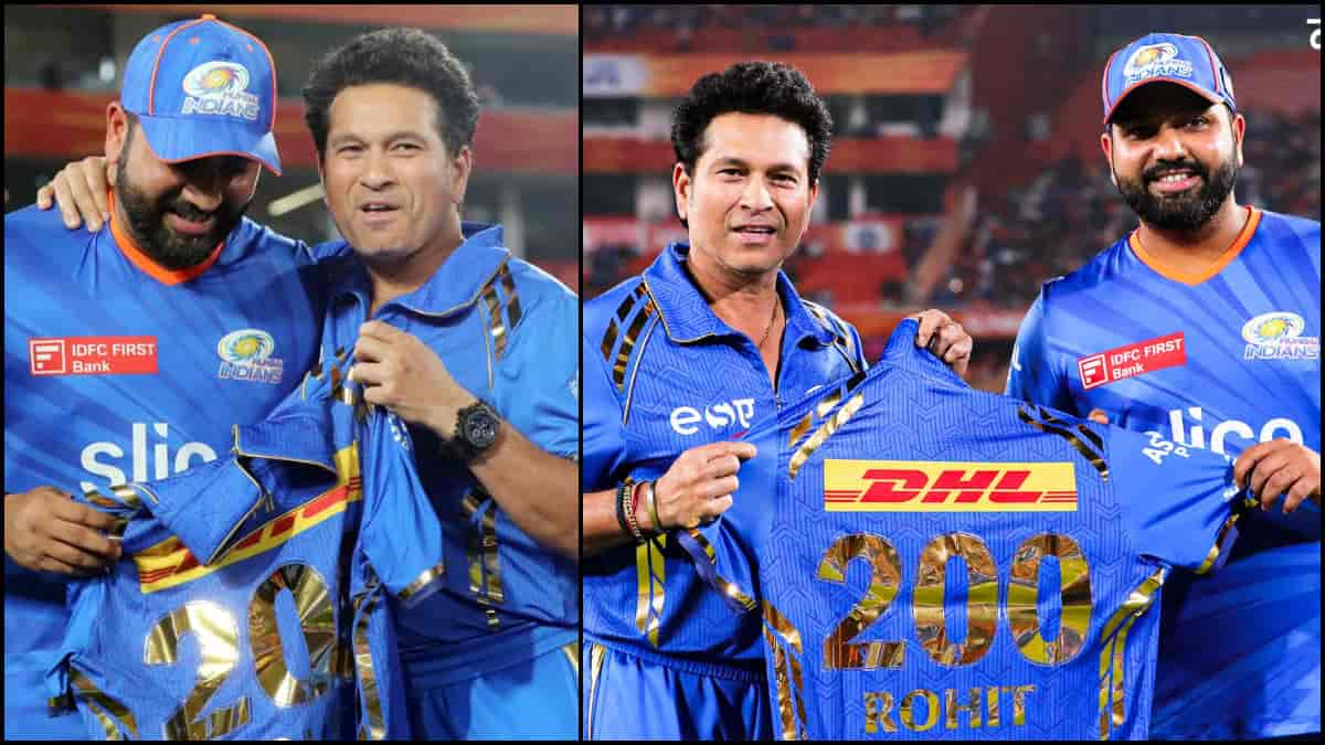 IPL 2024 - Rohit Sharma receives special jersey from Sachin Tendulkar on his 200th IPL appearance for MI | WATCH