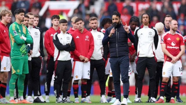 Ruben Amorim giving a post-match speech to United fans. Image | ManUtd on X