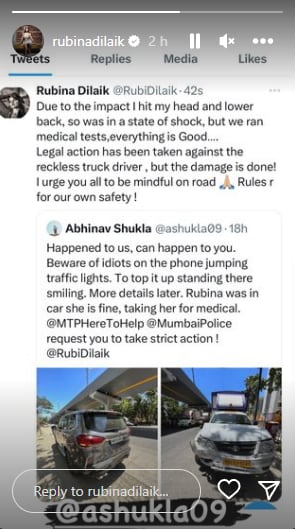 Rubina Dilaik shares an update after meeting with a car accident. (Image Source: https://www.instagram.com/rubinadilaik/)