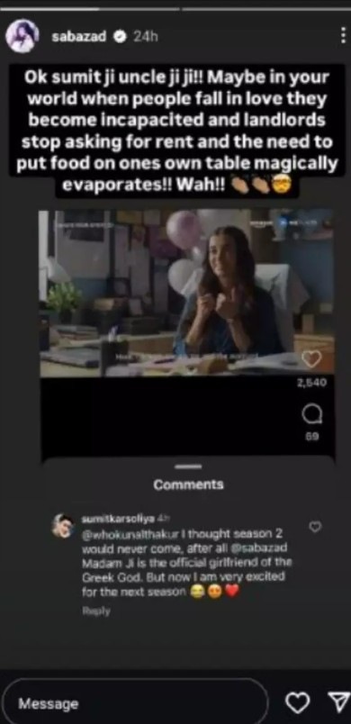 Saba Azad Instagram story