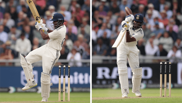 Sai Sudharsan scores his maiden Test fifty. Photos via BCCI