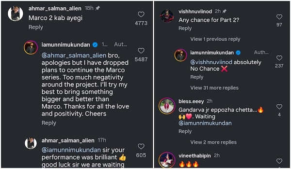 Screenshots of Unni Mukundan's reply to fans