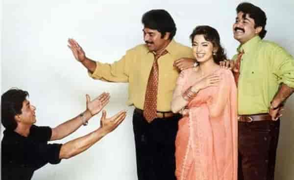 Shah Rukh Khan, Mammootty, Juhi Chawla, and Mohanlal at Harikrishnans' location.