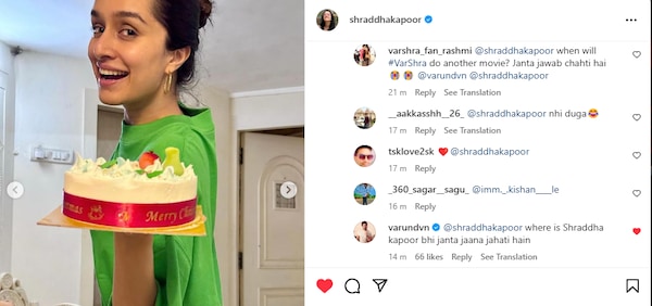 Comments on Shraddha Kapoor's Instagram post.
