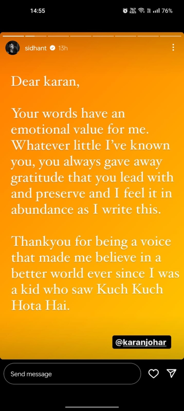 Sidhant Gupta's Instagram story