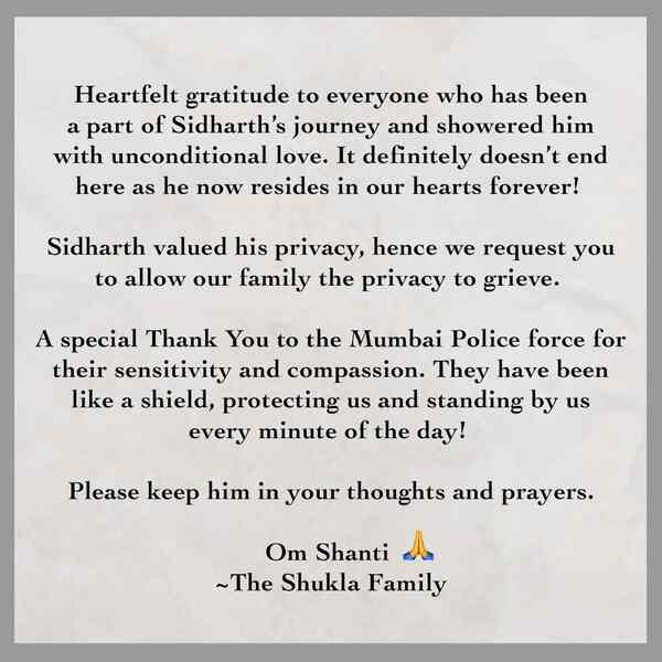 Sidharth Shukla family statement