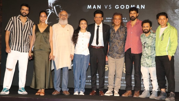The cast of Sirf Ek Bandaa Kaafi Hai at the trailer launch in Mumbai today; (image credit: Manav Manglani)