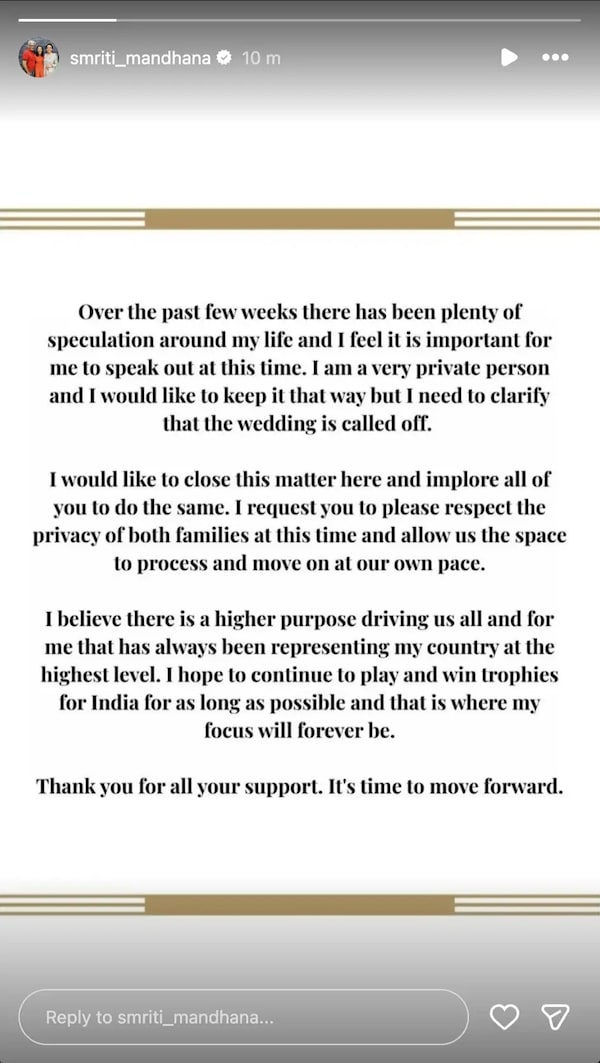 Screengrab from Smriti Mandhana's Instagram story