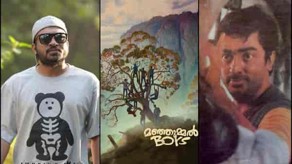 Soubin Shahir, poster of Manjummel Boys and (R) Kamal Haasan in a still from Guna