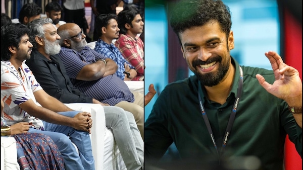 SS Rajamouli, MM Keeravani and the cast of Premalu and (R) Shyam Mohan