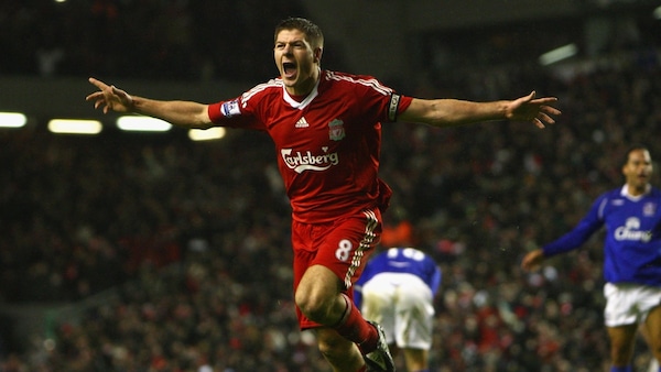 Gerrard after scoring a goal against Everton. Image | Premier League on X