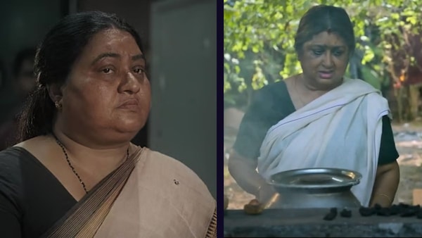 Bindu Panicker (left) and Kalaranjini (right) in stills from Rorschach (2022) and Bharathanatyam (2024) respectively.