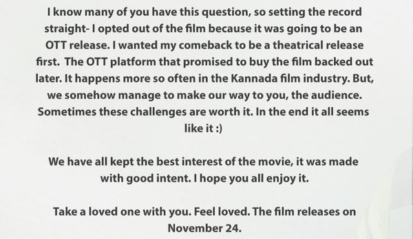 A portion of Ramya's SM post about Swathi Mutthina Male Haniye