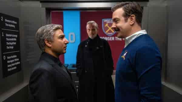 Sudeikis with Nick Mohammed (Nate) and Anthony Head (Rupert) in Ted Lasso. Apple TV+