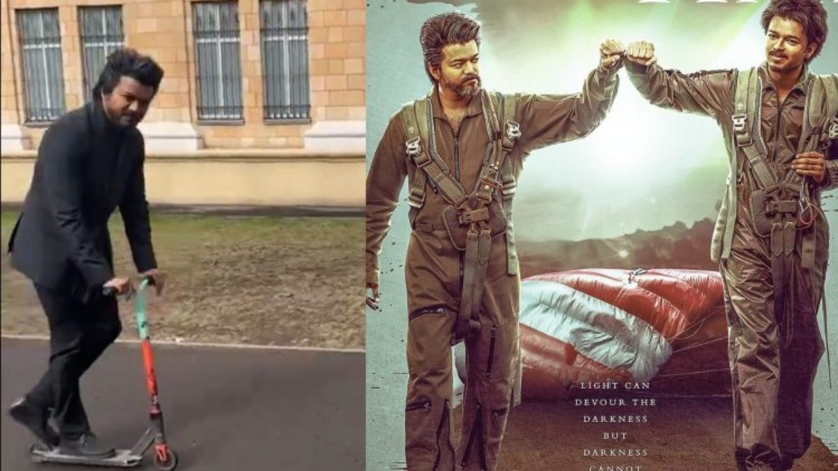Thalapathy Vijay takes a spin on a kick scooter on The Greatest of All Time sets. See video
