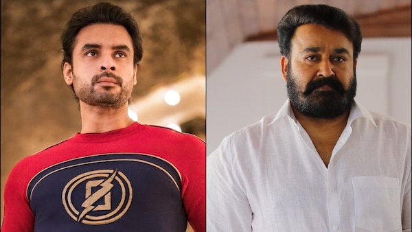 Tovino Thomas and Mohanlal in stills from Minnal Murali and Lucifer
