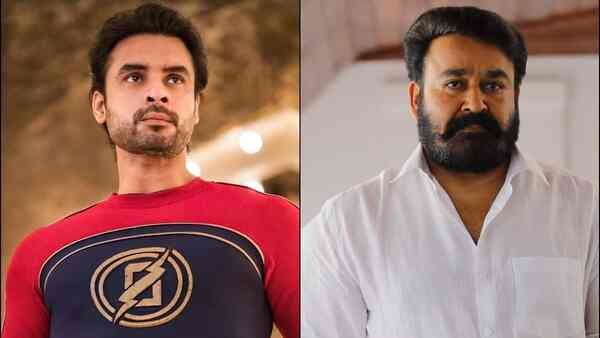 Tovino Thomas and Mohanlal in stills from Minnal Murali and Lucifer