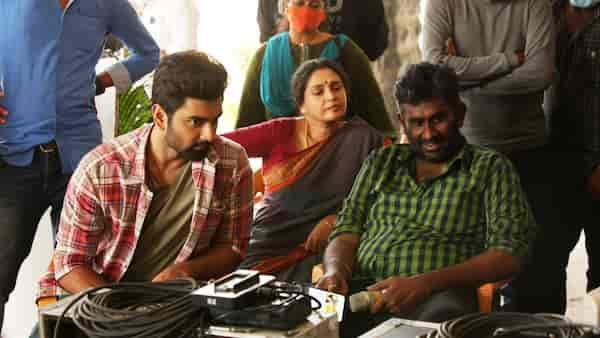 Atharvaa, Seetha and Sam Anton on the set of Trigger