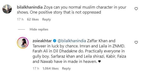 Zoya Akhtar replying to the Instagram user