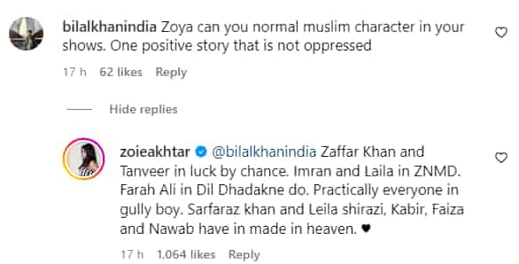 Zoya Akhtar replying to the Instagram user