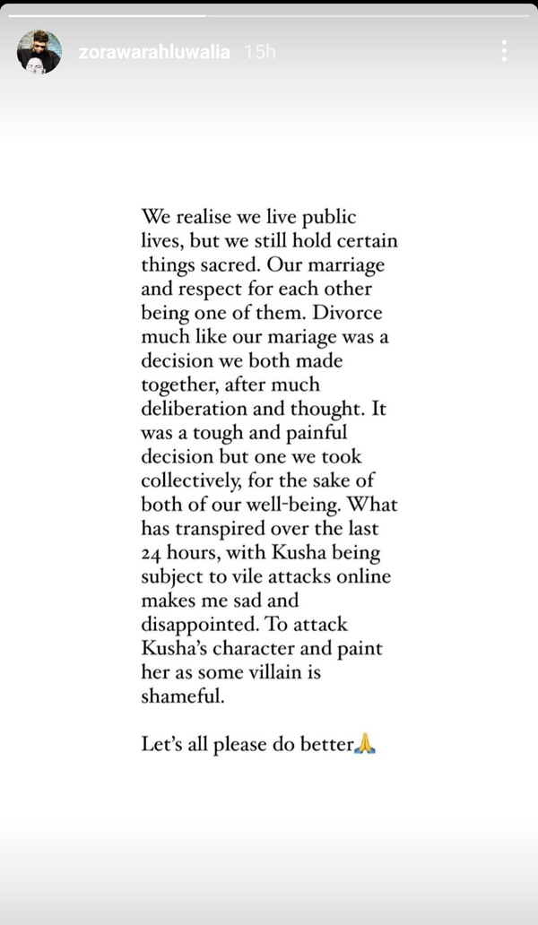 Zorawar penned this note on his Instagram story