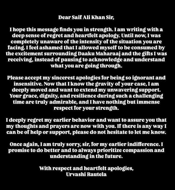 A screenshot of Urvashi's now deleted IG post apologizing to Saif Ali Khan