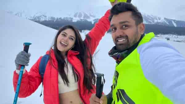 Vaibhavi Shandilya with Dhruva Sarja during an earlier shoot of Martin in Kashmir