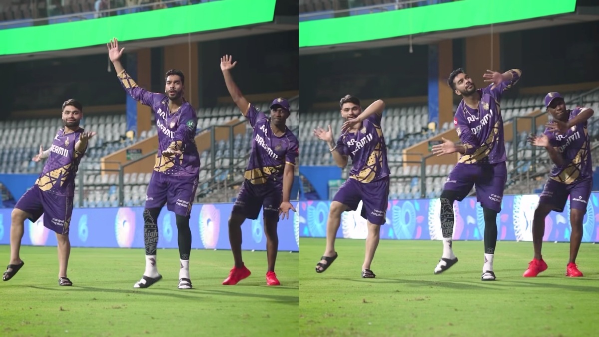 [WATCH] Venkatesh Iyer, Rinku Singh, and Dwayne Bravo do viral 'Sync Paglu' steps on 'Vartman' song after KKR vs SRH IPL 2025 match