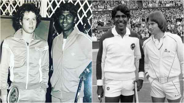 Vijay Amritraj with John McEnroe (L) and with Jimmy Connors (R)