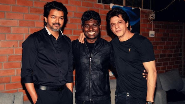 Vijay with Atlee and Shah Rukh Khan.