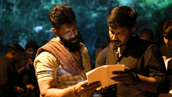 Vikram and Arun Kumar during the shoot of Veera Dheera Sooran: Part 2.