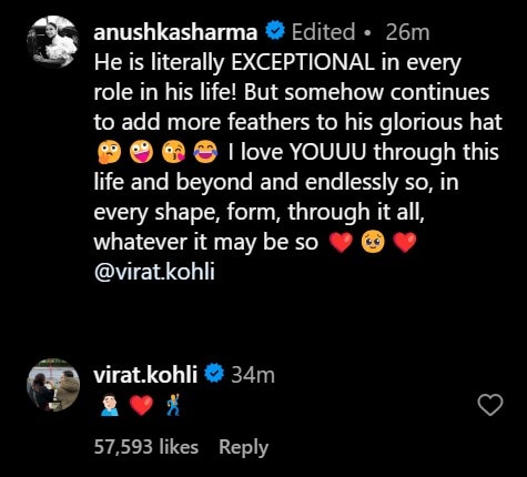 Virat Kohli's comment on Anushka Sharma's Instagram post