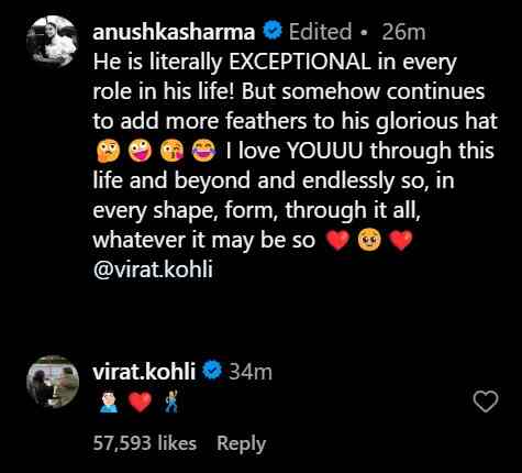 Virat Kohli's comment on Anushka Sharma's Instagram post