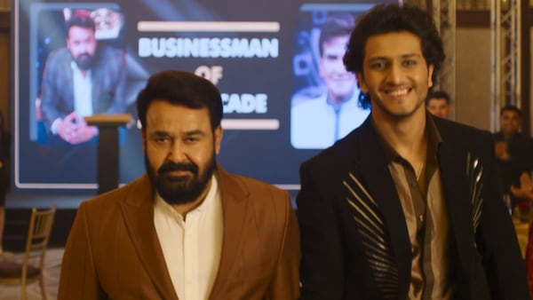 Mohanlal and Samarjit Lankesh in the song Appa from Vrusshabha