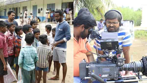 Working stills of Kurangu Pedal; (right) Director Kamalakannan