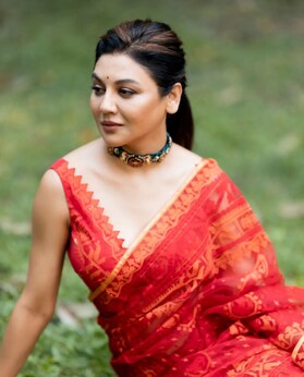 Ardhangini actress Jaya Ahsan dazzles in a red and orange Muslin sari